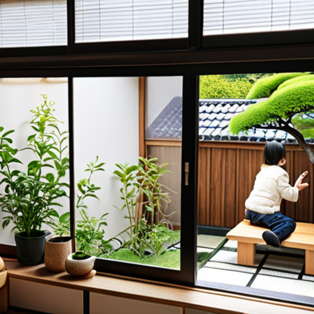 **Image Prompt:** A cozy, modern Japanese apartment interior with smart home features, solar panels visible outside the window, and a friendly, diverse group of neighbors chatting in a communal garden.