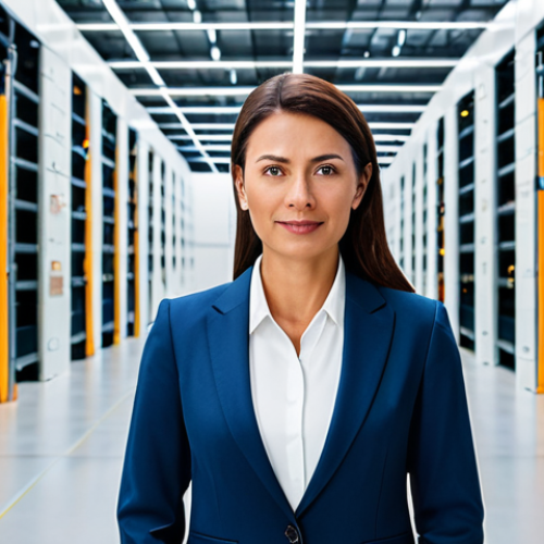 A professional female real estate investor, fully clothed in a modest, sharp business suit, standing with appropriate attire, inside a vast, high-tech logistics center. Automated robotic systems are visible moving goods efficiently in the background. The lighting is bright and modern, emphasizing innovation and strategic infrastructure. The image conveys a sense of future-oriented investment. perfect anatomy, correct proportions, natural pose, well-formed hands, proper finger count, natural body proportions, safe for work, appropriate content, fully clothed, professional, high quality, detailed, realistic.