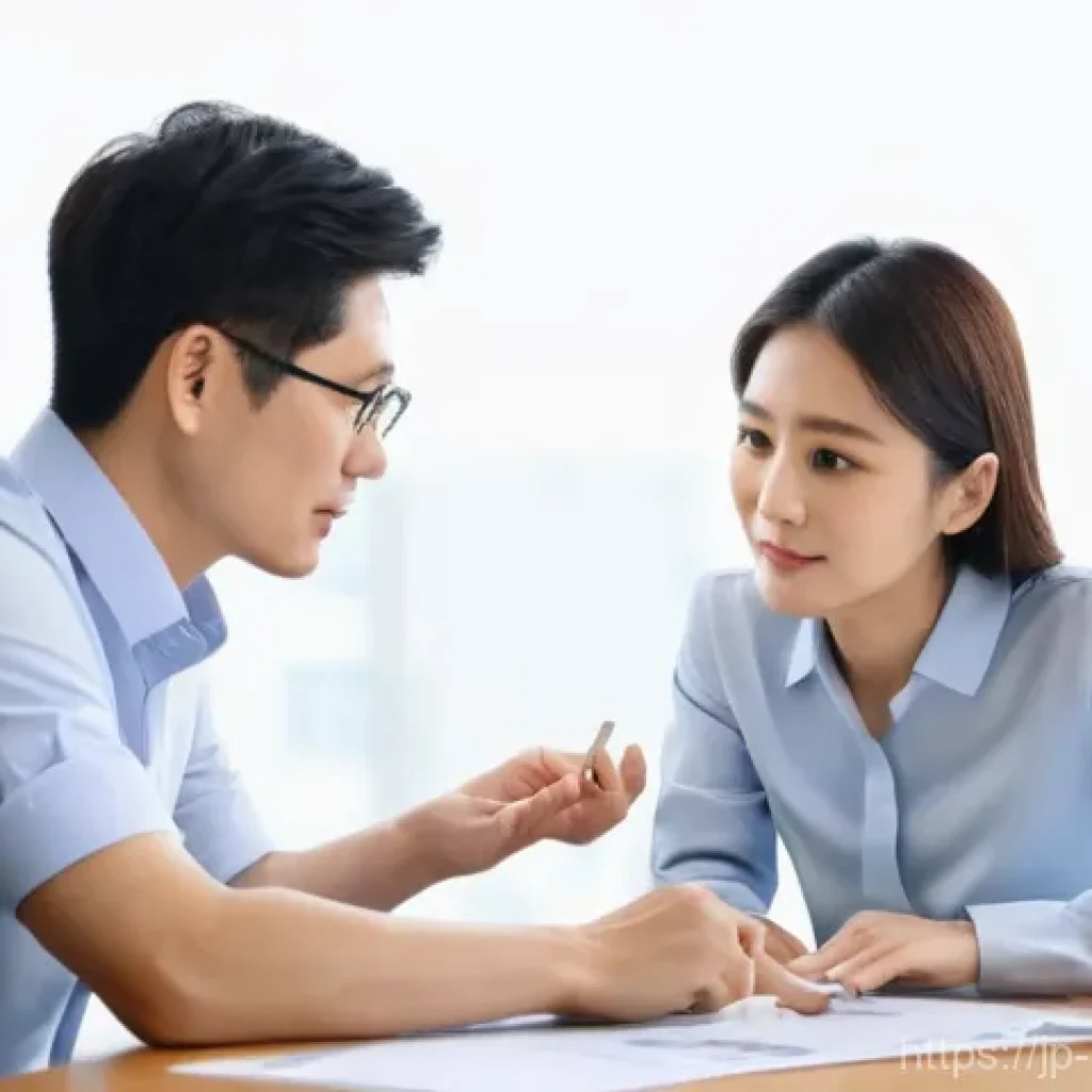 아파트 거래 시 유의사항 - **Financial Planning Consultation**: A young Japanese couple, early 30s, dressed in smart casual att...