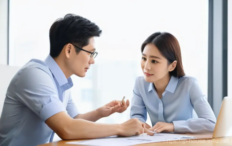 아파트 거래 시 유의사항 - **Financial Planning Consultation**: A young Japanese couple, early 30s, dressed in smart casual att...