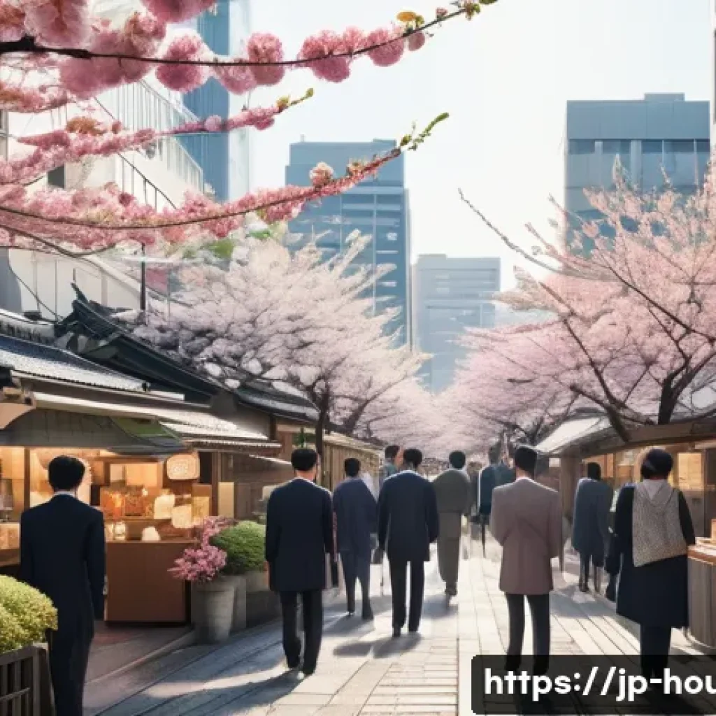 부동산 투자 시기 분석 - A detailed cityscape of a modern Japanese urban area during spring, featuring bustling real estate a...