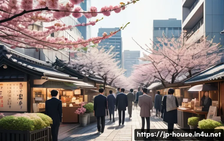 부동산 투자 시기 분석 - A detailed cityscape of a modern Japanese urban area during spring, featuring bustling real estate a...