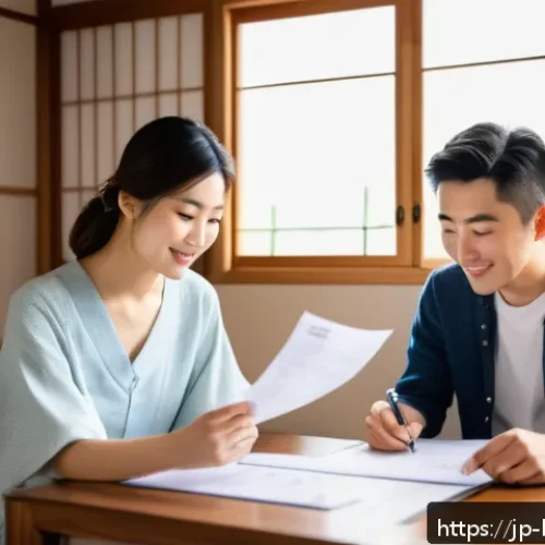 신혼부부 특별공급 조건 - A modern Japanese newlywed couple sitting together at a cozy living room table, reviewing official d...