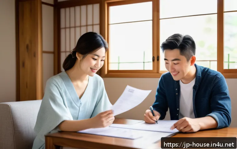 신혼부부 특별공급 조건 - A modern Japanese newlywed couple sitting together at a cozy living room table, reviewing official d...
