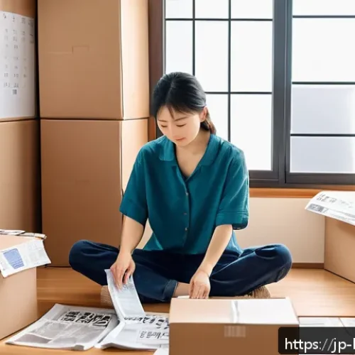 이사비 절약법 - A modern Japanese apartment interior scene during a planned moving day: a young Japanese woman in ca...