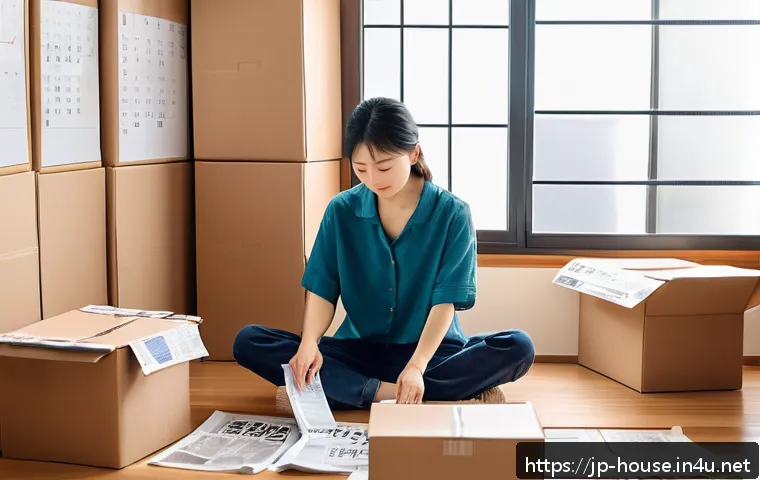 이사비 절약법 - A modern Japanese apartment interior scene during a planned moving day: a young Japanese woman in ca...