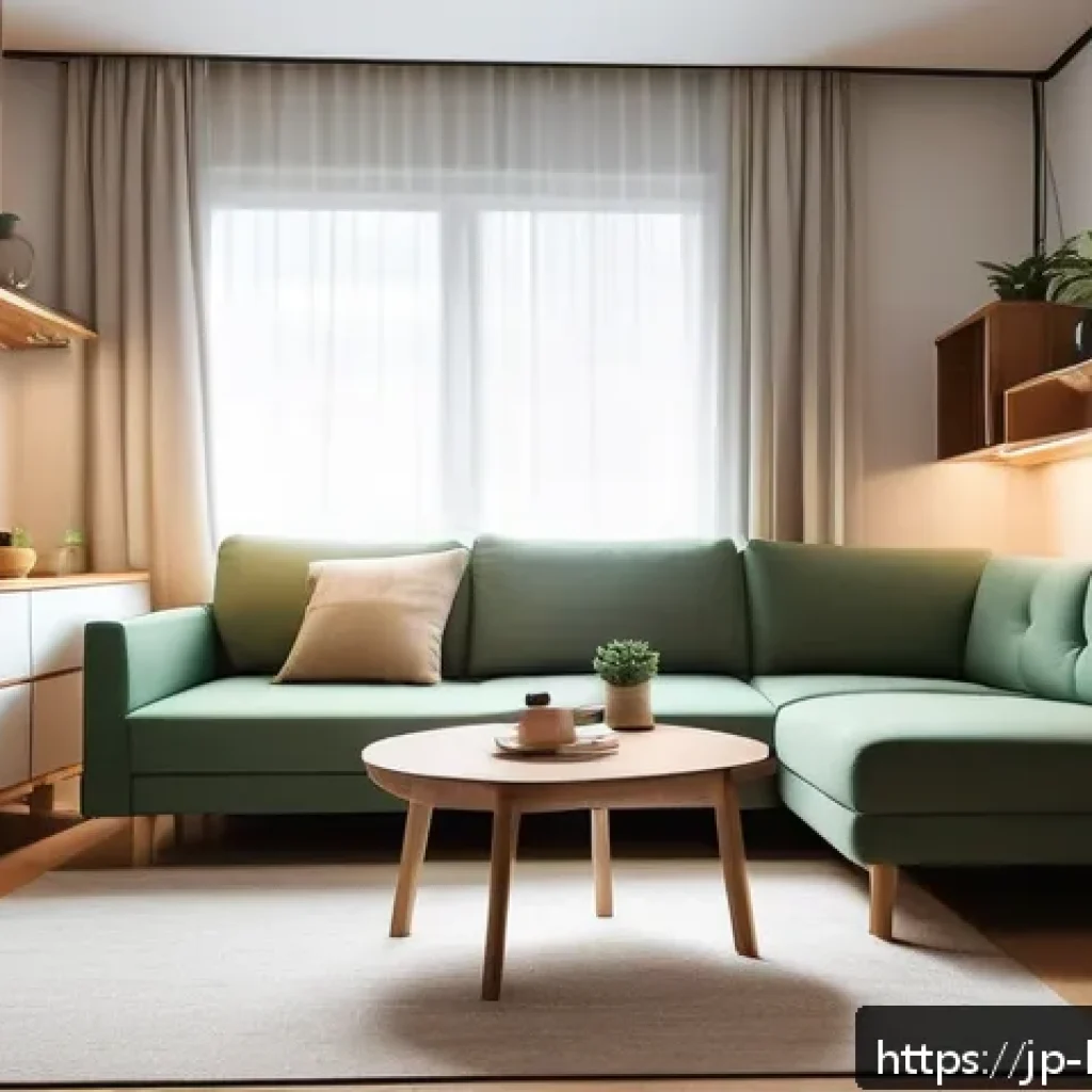 도시형 생활주택 장점 - A modern urban apartment interior featuring multifunctional furniture: a stylish sofa bed with sleek...