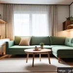 도시형 생활주택 장점 - A modern urban apartment interior featuring multifunctional furniture: a stylish sofa bed with sleek...