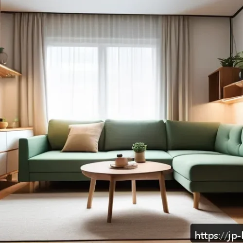 도시형 생활주택 장점 - A modern urban apartment interior featuring multifunctional furniture: a stylish sofa bed with sleek...