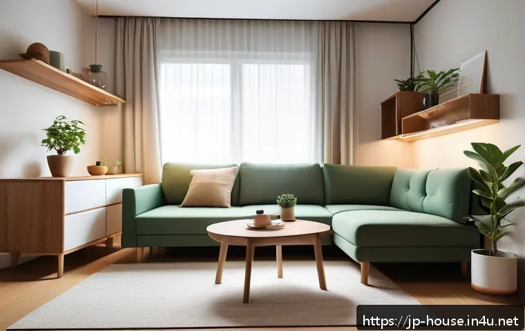 도시형 생활주택 장점 - A modern urban apartment interior featuring multifunctional furniture: a stylish sofa bed with sleek...