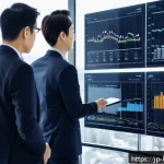 부동산 컨설팅 사례 - A modern Japanese real estate office scene showing professionals using advanced AI and big data anal...