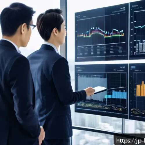 부동산 컨설팅 사례 - A modern Japanese real estate office scene showing professionals using advanced AI and big data anal...