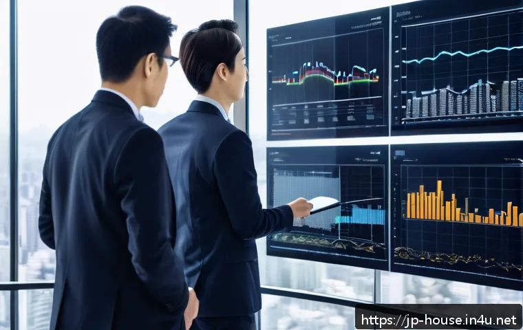 부동산 컨설팅 사례 - A modern Japanese real estate office scene showing professionals using advanced AI and big data anal...