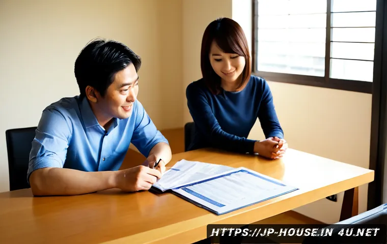 임대아파트 대출 지원 - Photorealistic Japanese couple in their 30s sitting at a bright apartment dining table with a suppor...