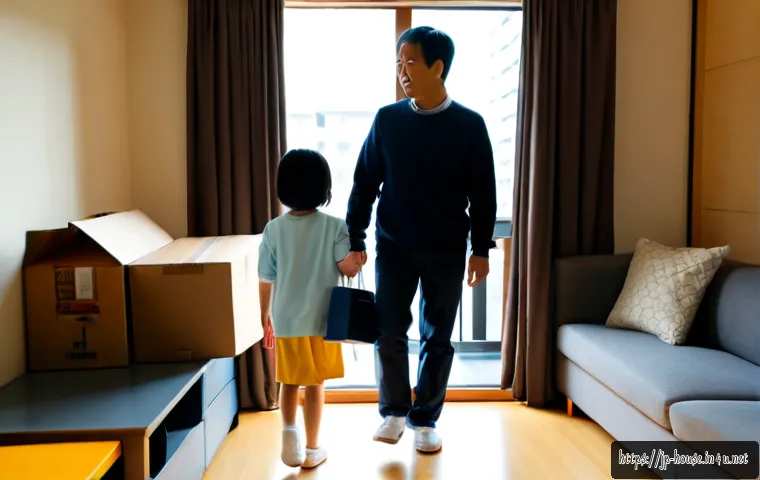 실거주 요건 충족 사례 - Photorealistic Japanese family in a bright modern condominium living room, middle-aged couple and th...