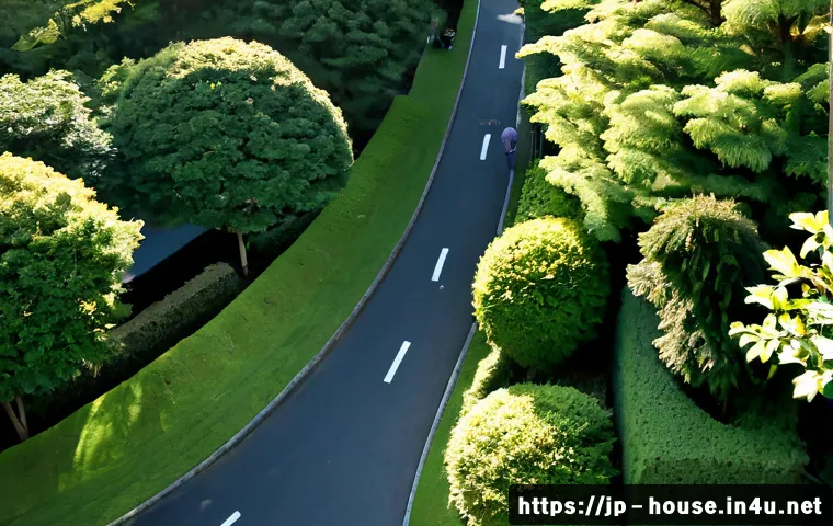 공원 인근 주택 가치 - Photorealistic aerial-oblique view of a well-maintained modern Japanese suburban home beside a leafy...