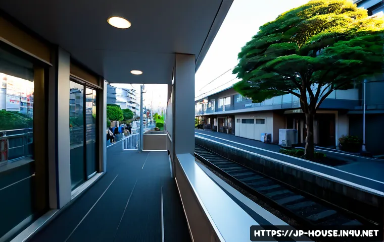 역세권 아파트 장점 - Photorealistic wide-angle morning view of a modern Japanese apartment building just beside a clean u...